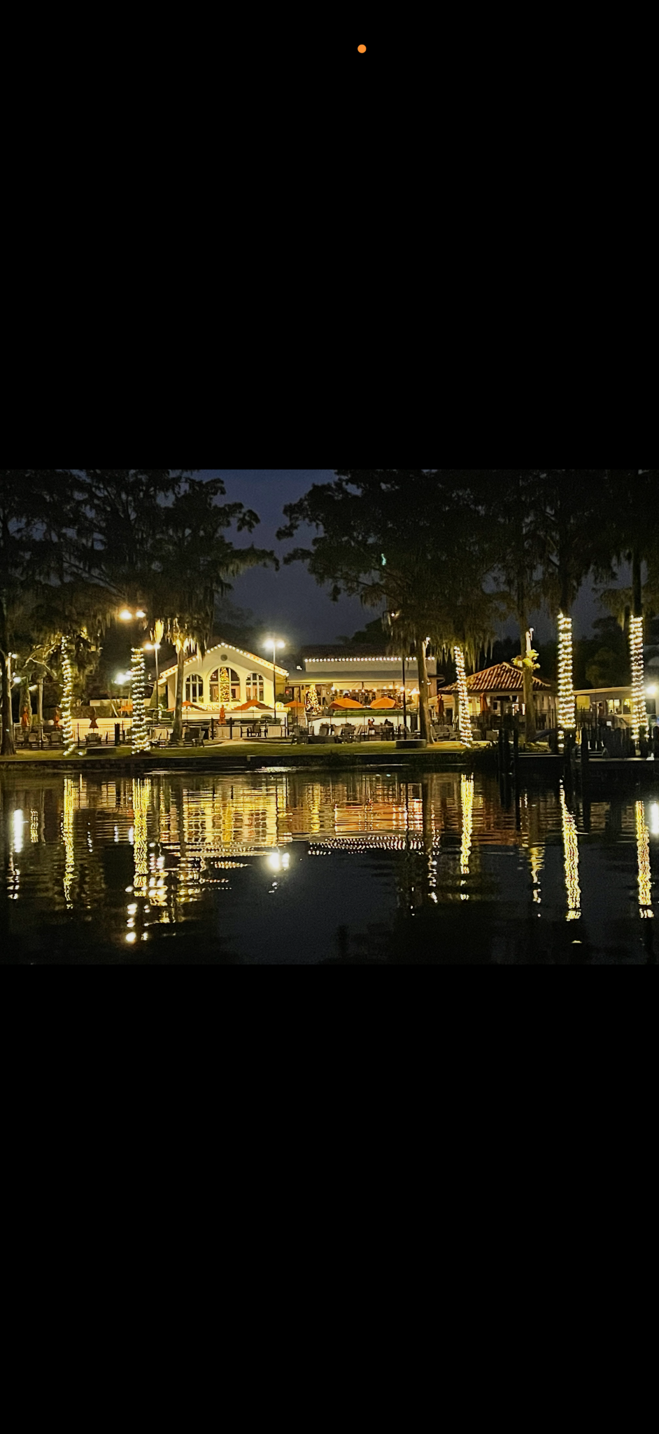 Waterfront property with illuminated palms and roofline lights reflecting on the water